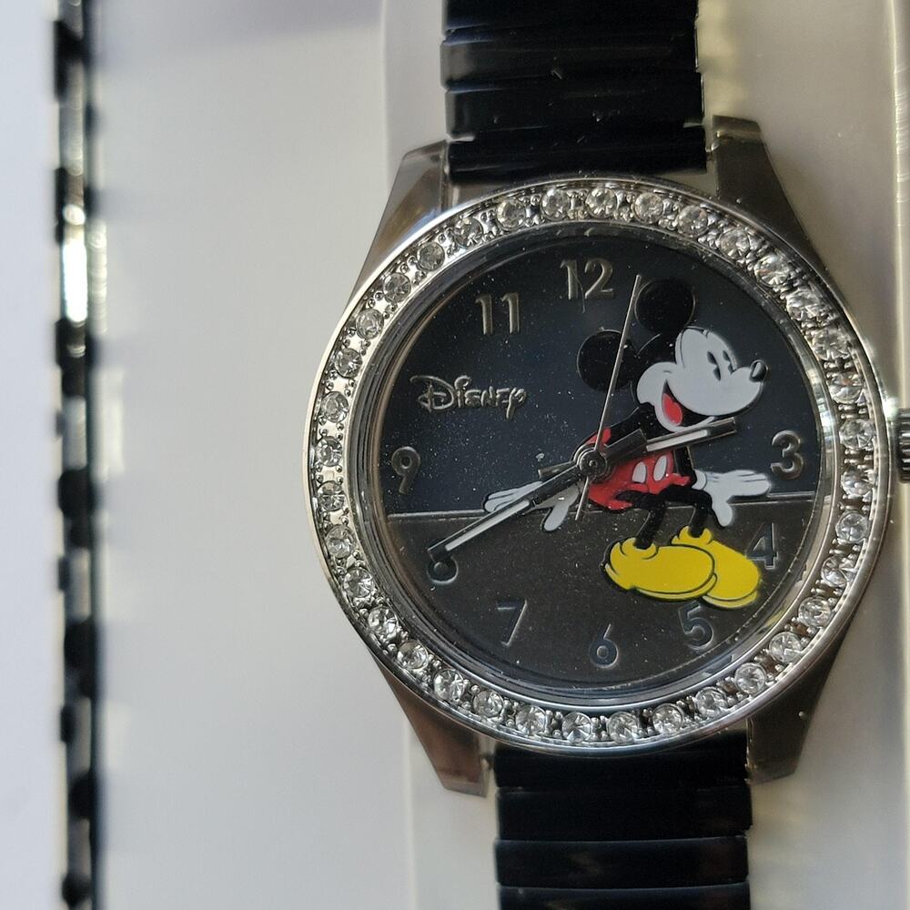 Vintage Disney Mickey Mouse Womens Watch Silver Black Dial Gem Bezel Bracelet